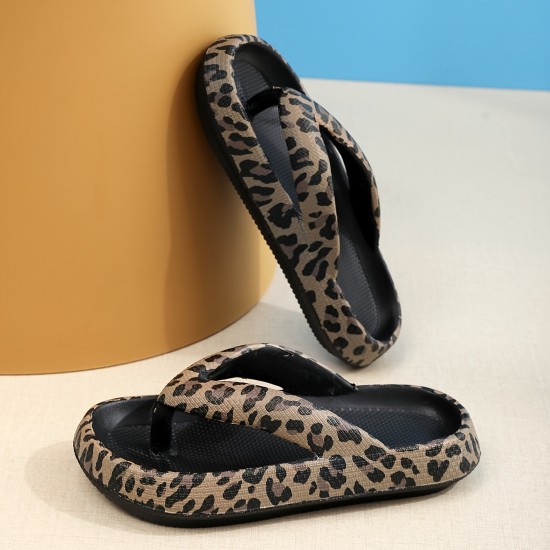 Women's Fashion Leopard Print Flip Flops, Casual Slip On Platform Slippers, Lightweight & Comfortable Shoes