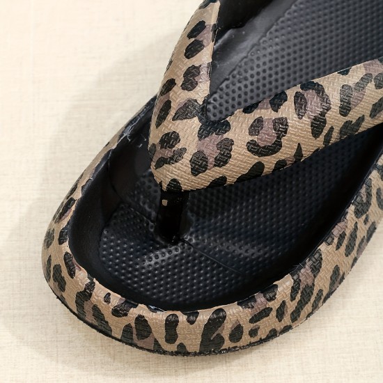 Women's Fashion Leopard Print Flip Flops, Casual Slip On Platform Slippers, Lightweight & Comfortable Shoes