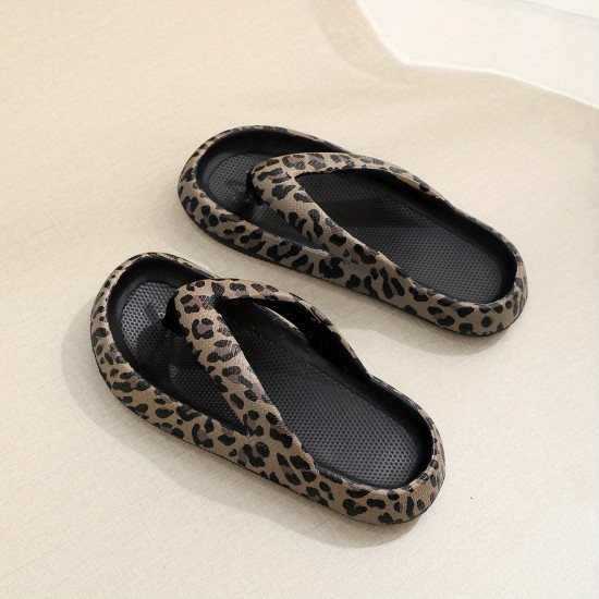 Women's Fashion Leopard Print Flip Flops, Casual Slip On Platform Slippers, Lightweight & Comfortable Shoes