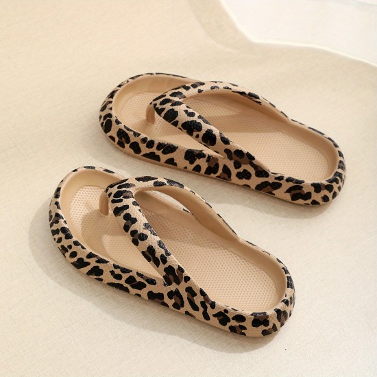 Women's Fashion Leopard Print Flip Flops, Casual Slip On Platform Slippers, Lightweight & Comfortable Shoes