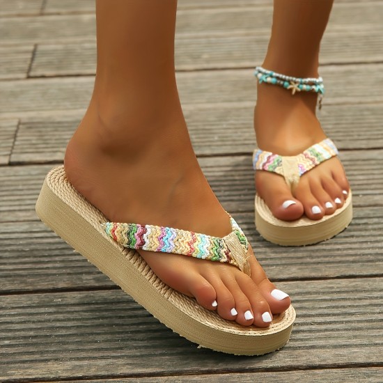 Women's Colorful Knit Sandals, Slip On Open Toe Thick Soft Bottom Outdoor Thong Sandals, Vacation Beach Flip Flops