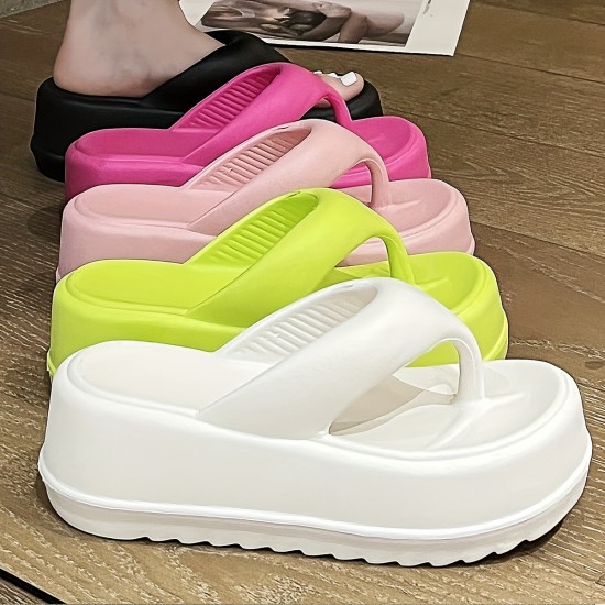 Women's Solid Color Flip Flops, Casual Clip Toe Platform Sandals, Comfortable Summer Beach Shoes