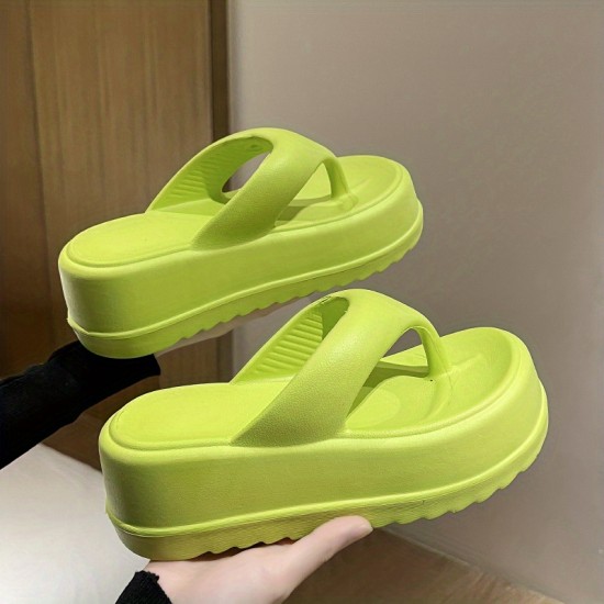 Women's Solid Color Flip Flops, Casual Clip Toe Platform Sandals, Comfortable Summer Beach Shoes