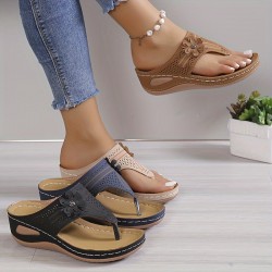 Women's Floral Decor Thong Sandals, Slip On Soft Sole Platform Casual Slides, Non-slip Wedge Retro Slides