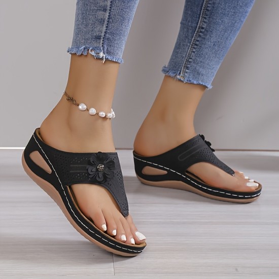 Women's Floral Decor Thong Sandals, Slip On Soft Sole Platform Casual Slides, Non-slip Wedge Retro Slides