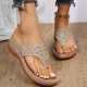 Women's Wedge Flip Flops, Rhinestone Decor Slip On Slide Sandals, Comfy Outdoor Slide Shoes With Arch Support