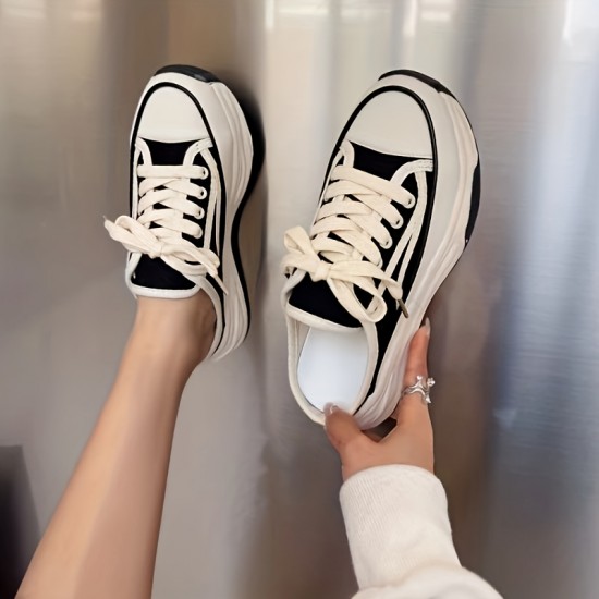 Women's Platform Canvas Shoes, Casual Lace Up Mule Sneakers, Versatile & All-Match Outdoor Shoes