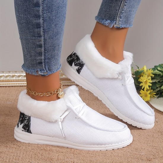 Women's Plush Lined Canvas Shoes, Warm & Cozy Slip On Snow Boots, Thermal Winter Ankle Boots