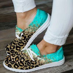 Women's Rhinestone & Leopard Decor Canvas Shoes, Low Top Lace Up Slip-on Shoes, Casual & Lightweight Shoes