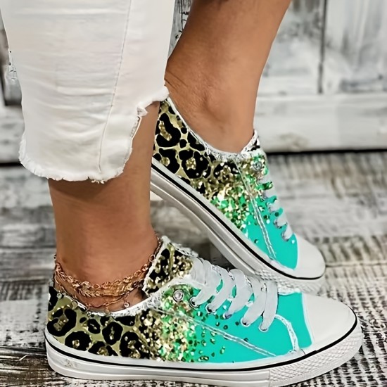 Women's Rhinestone & Leopard Decor Canvas Shoes, Low Top Lace Up Slip-on Shoes, Casual & Lightweight Shoes