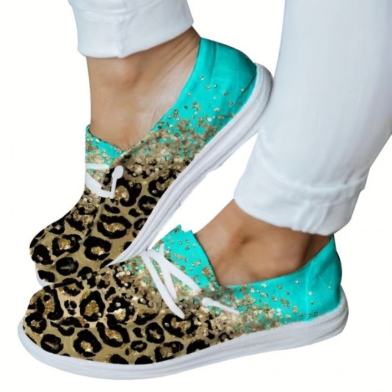 Women's Rhinestone & Leopard Decor Canvas Shoes, Low Top Lace Up Slip-on Shoes, Casual & Lightweight Shoes