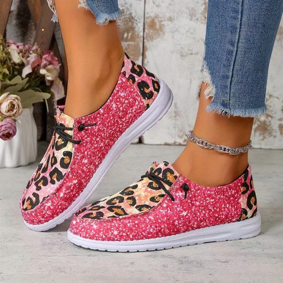 Women's Leopard Print Canvas Shoes, Casual Lace Up Outdoor Shoes, Lightweight Low Top Sneakers