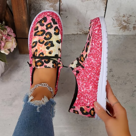 Women's Leopard Print Canvas Shoes, Casual Lace Up Outdoor Shoes, Lightweight Low Top Sneakers