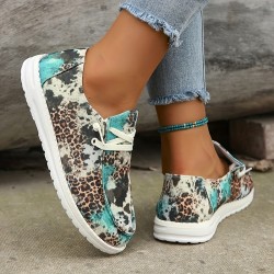 Women's Leopard Pattern Flat Loafers, Slip On Low-top Round Toe Lightweight Canvas Shoes, Casual Outdoor Shoes