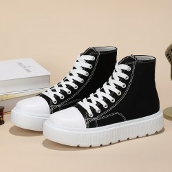 Women's Solid Color Casual Shoes, Lace Up Comfy Platform Soft Sole Shoes, Versatile High-top Canvas Shoes