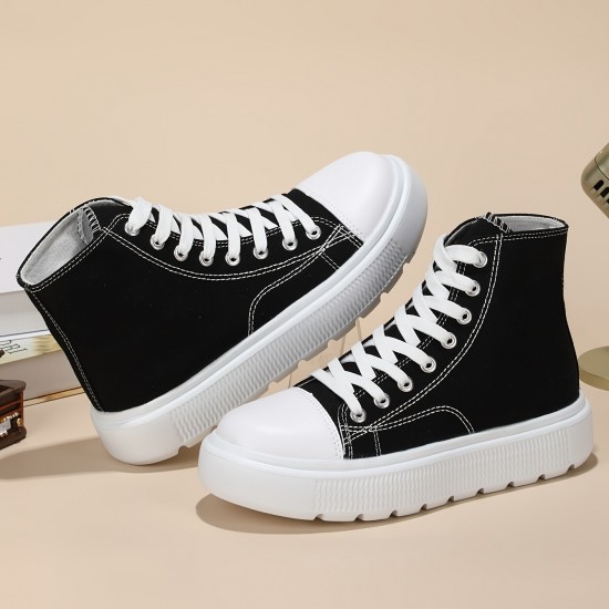 Women's Solid Color Casual Shoes, Lace Up Comfy Platform Soft Sole Shoes, Versatile High-top Canvas Shoes