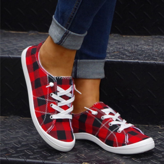 Women's Plaid Pattern Sneakers, Low Top Lace Up Flat Canvas Shoes, Casual & Comfortable Walking Shoes