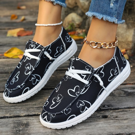 Women's Heart Pattern Loafers, Lightweight Slip On Casual Soft Sole Shoes, Valentine's Day Canvas Shoes