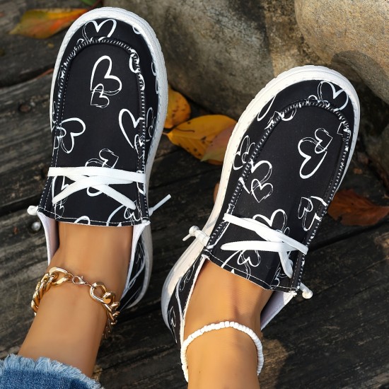 Women's Heart Pattern Loafers, Lightweight Slip On Casual Soft Sole Shoes, Valentine's Day Canvas Shoes