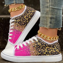 Women's Leopard Print Canvas Shoes, Casual Glitter Sequins Decor Lace Up Shoes, Lightweight Low Top Sneakers