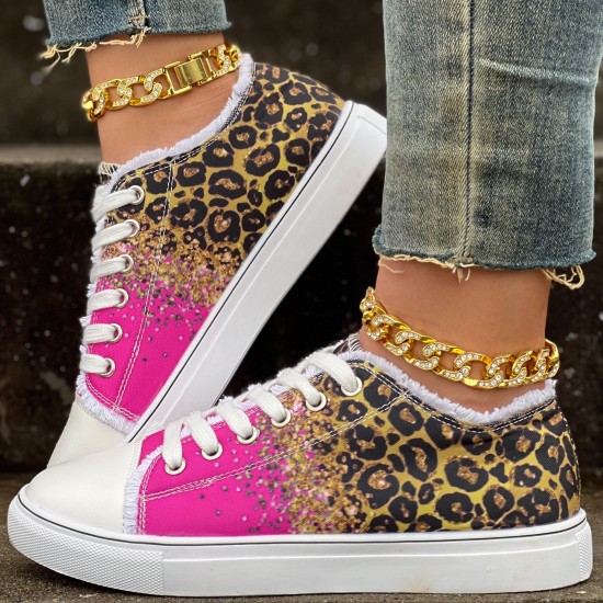 Women's Leopard Print Canvas Shoes, Casual Glitter Sequins Decor Lace Up Shoes, Lightweight Low Top Sneakers