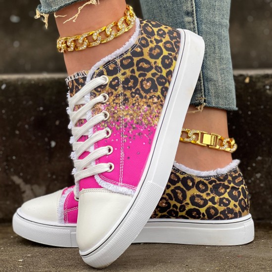 Women's Leopard Print Canvas Shoes, Casual Glitter Sequins Decor Lace Up Shoes, Lightweight Low Top Sneakers