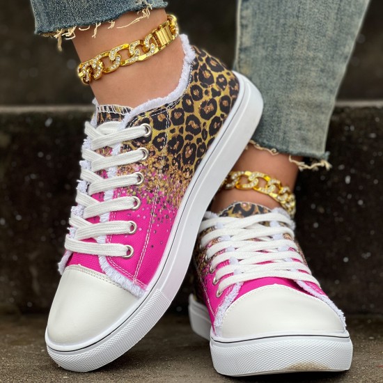 Women's Leopard Print Canvas Shoes, Casual Glitter Sequins Decor Lace Up Shoes, Lightweight Low Top Sneakers