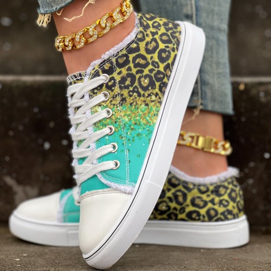 Women's Leopard Print Canvas Shoes, Casual Glitter Sequins Decor Lace Up Shoes, Lightweight Low Top Sneakers