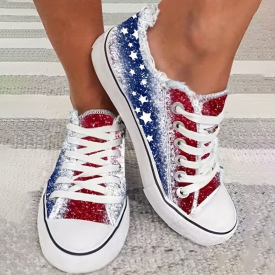 Women's Star Pattern Canvas Shoes, Casual Lace Up Outdoor Shoes, Lightweight Independence Day Shoes