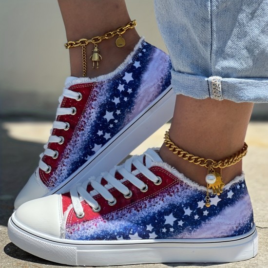 Women's Star Pattern Canvas Shoes, Casual Lace Up Outdoor Shoes, Lightweight Independence Day Shoes