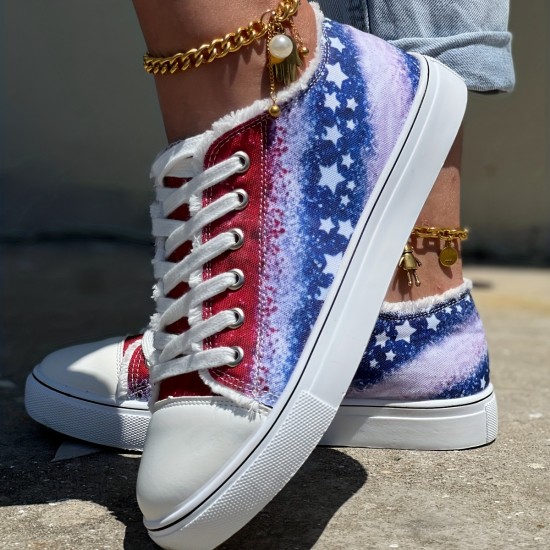 Women's Star Pattern Canvas Shoes, Casual Lace Up Outdoor Shoes, Lightweight Independence Day Shoes