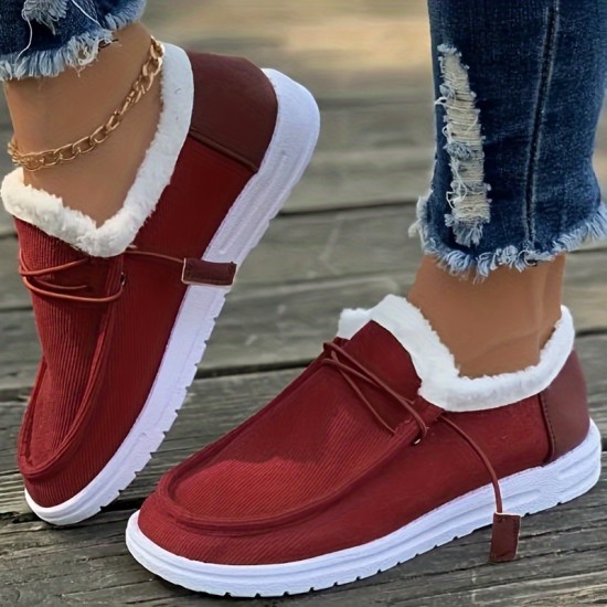 Women's Solid Color Lined Shoes, Slip On Fluffy Warm Flat Non-slip Canvas Shoes, Plush Winter Comfy Shoes