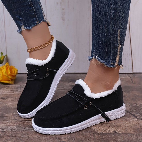 Women's Solid Color Lined Shoes, Slip On Fluffy Warm Flat Non-slip Canvas Shoes, Plush Winter Comfy Shoes