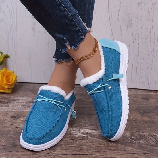 Women's Solid Color Lined Shoes, Slip On Fluffy Warm Flat Non-slip Canvas Shoes, Plush Winter Comfy Shoes