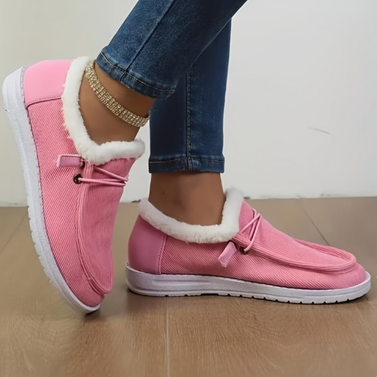 Women's Solid Color Lined Shoes, Slip On Fluffy Warm Flat Non-slip Canvas Shoes, Plush Winter Comfy Shoes