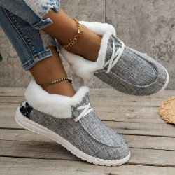 Women's Fluffy Fleece Lined Canvas Shoes, Thermal Slip On Low Top Shoes, Winter Warm Flat Shoes