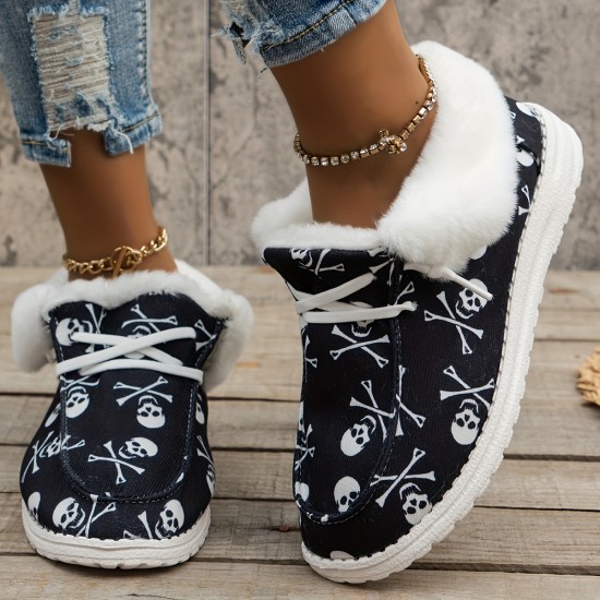 Women's Fluffy Fleece Lined Canvas Shoes, Thermal Slip On Low Top Shoes, Winter Warm Flat Shoes