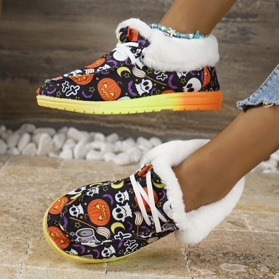 Women's Fluffy Fleece Lined Canvas Shoes, Thermal Slip On Low Top Shoes, Winter Warm Flat Shoes