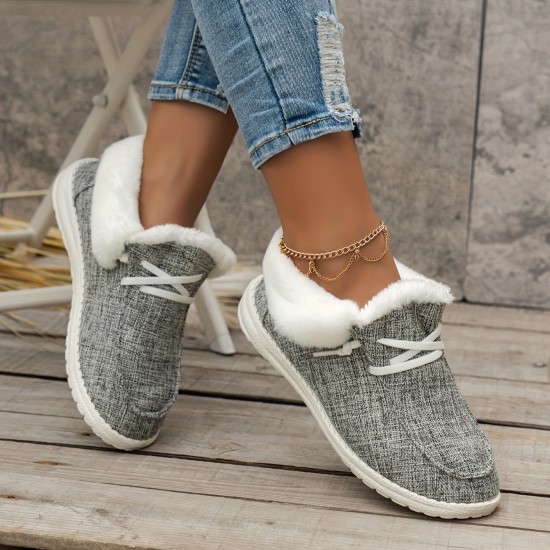 Women's Fluffy Fleece Lined Canvas Shoes, Thermal Slip On Low Top Shoes, Winter Warm Flat Shoes