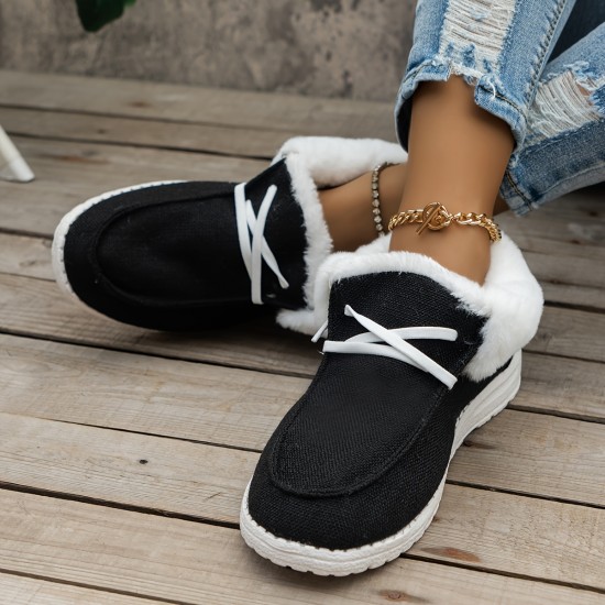 Women's Fluffy Fleece Lined Canvas Shoes, Thermal Slip On Low Top Shoes, Winter Warm Flat Shoes