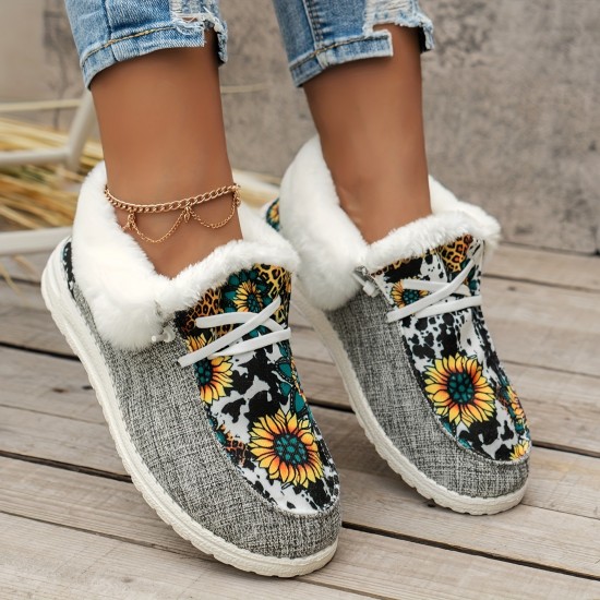 Women's Fluffy Fleece Lined Canvas Shoes, Thermal Slip On Low Top Shoes, Winter Warm Flat Shoes