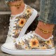 Women's Sunflower Print Canvas Shoes, Casual Lace Up Outdoor Shoes, Lightweight Low Top Walking Shoes