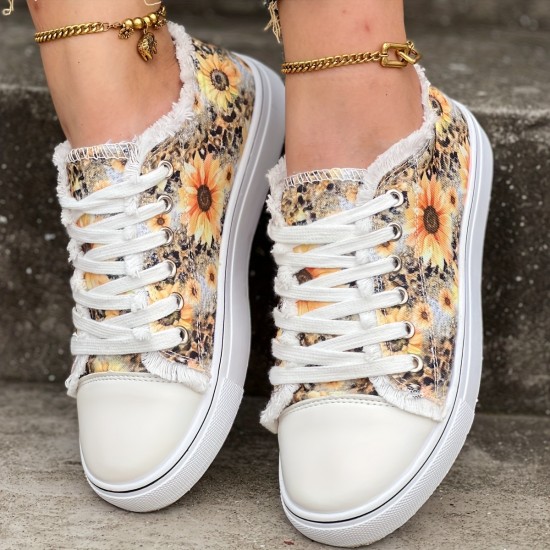 Women's Sunflower Print Canvas Shoes, Casual Lace Up Outdoor Shoes, Lightweight Low Top Walking Shoes