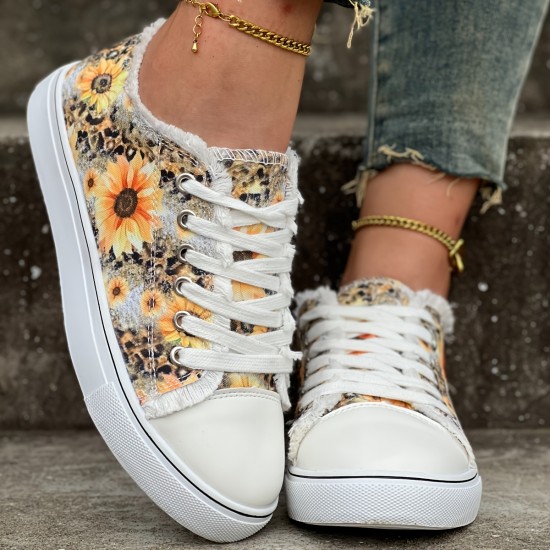 Women's Sunflower Print Canvas Shoes, Casual Lace Up Outdoor Shoes, Lightweight Low Top Walking Shoes