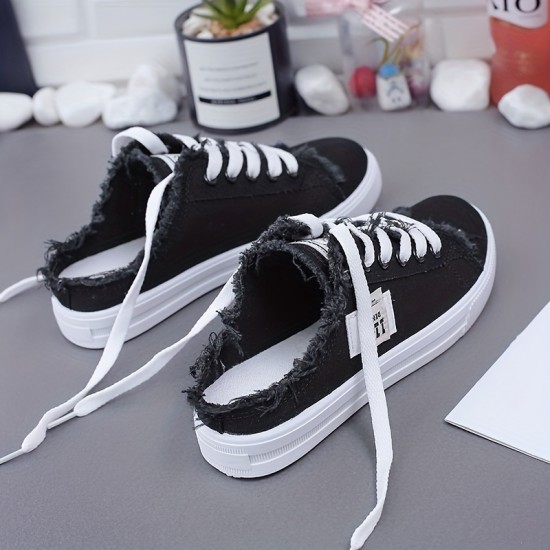 Women's Solid Color Canvas Shoes, Slip On Lace Up Round Toe Non-slip Half Drag Casual Slides Shoes, Comfy Outdoor Shoes