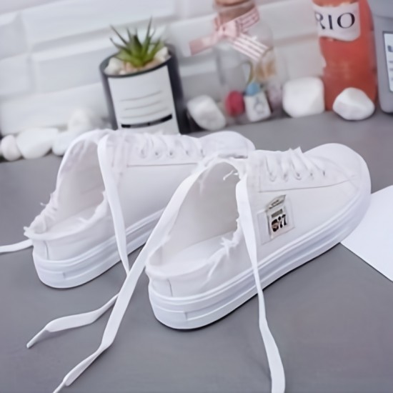 Women's Solid Color Canvas Shoes, Slip On Lace Up Round Toe Non-slip Half Drag Casual Slides Shoes, Comfy Outdoor Shoes