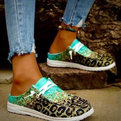 Women's Leopard Print Canvas Shoes, Fashion Round Toe Low Top Slip On Loafers, Casual Flat Sneakers