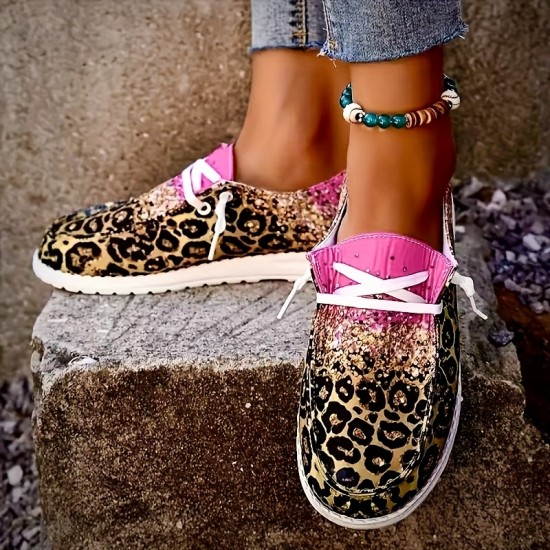 Women's Leopard Print Canvas Shoes, Fashion Round Toe Low Top Slip On Loafers, Casual Flat Sneakers