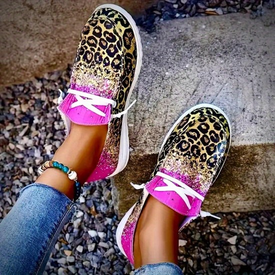 Women's Leopard Print Canvas Shoes, Fashion Round Toe Low Top Slip On Loafers, Casual Flat Sneakers