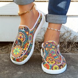 Women's Floral Print Canvas Shoes, Slip-on Round Toe Lightweight Casual Shoes, Women's Comfy Walking Flat Shoes